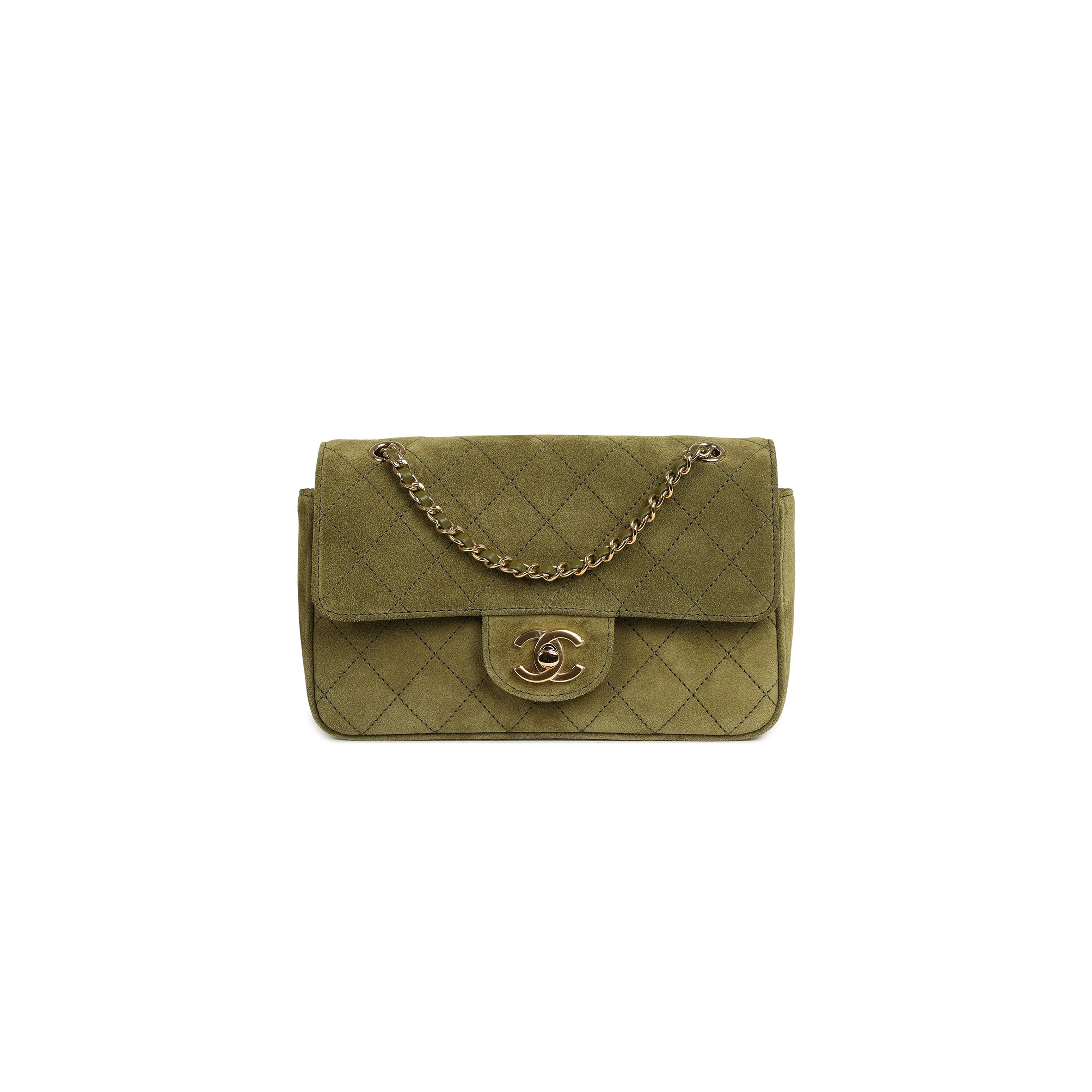 CHANEL MINI SOUPLISSIMO FLAP BAG KHAKI SUEDE GOLD HARDWARE (20*13*6cm)